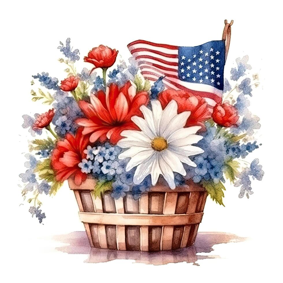Etats-Unis drapeau et fleurs dans panier. aquarelle. illustration ai génératif photo