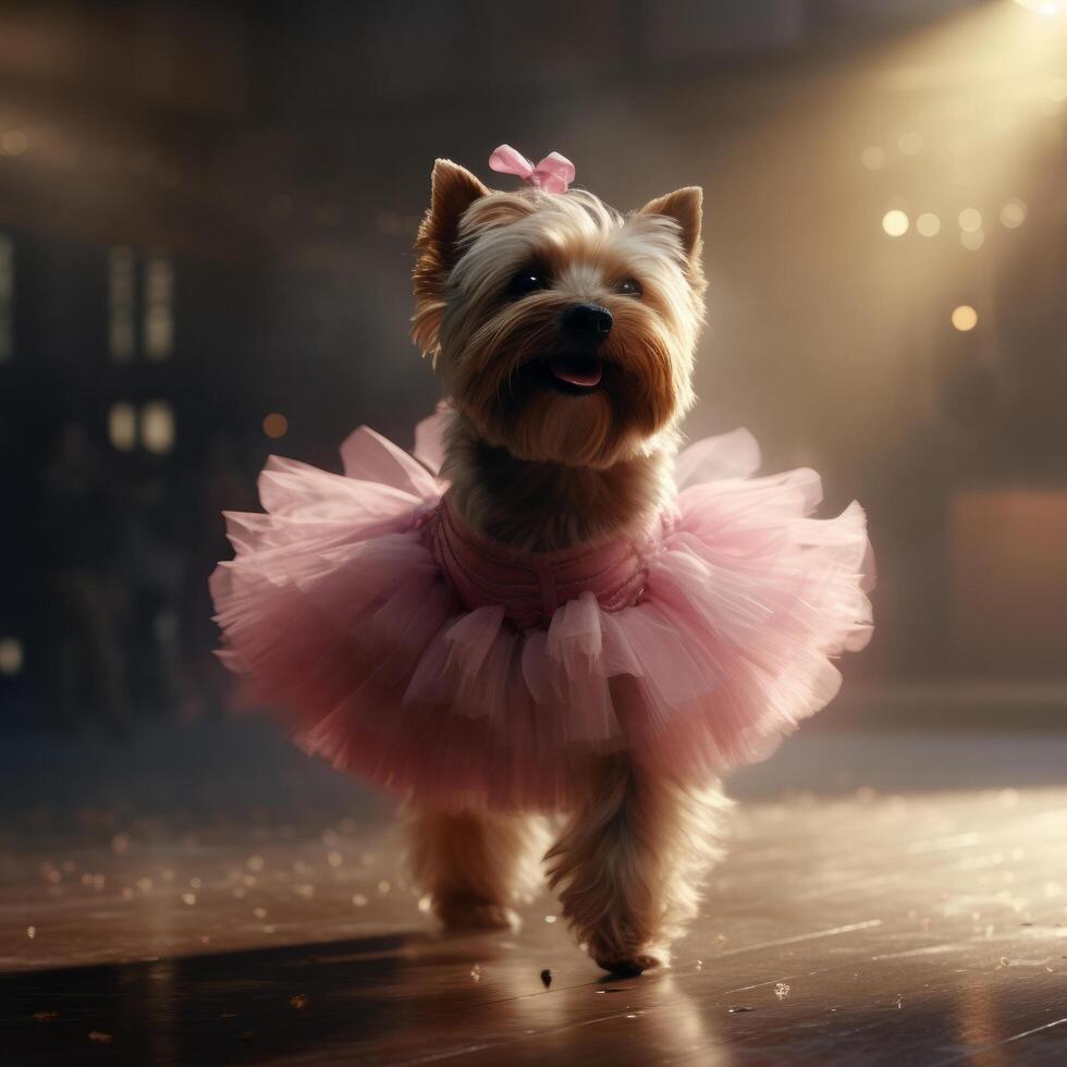 Yorkshire terrier chien dans une lumière rose ballet jupe est dansant comme une ballerine,, illustration ai génératif photo