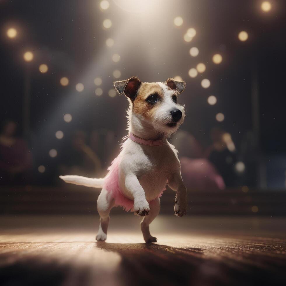 jack Russell chien dans une lumière rose ballet jupe est dansant comme une ballerine, illustration ai génératif photo