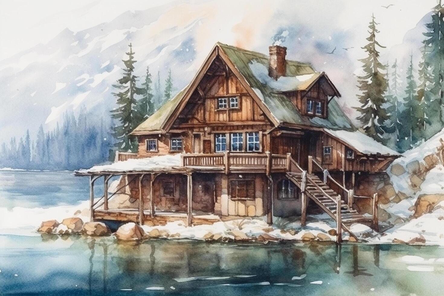 aquarelle La peinture de en bois maison sur le rive de lac. hiver paysage. génératif ai photo