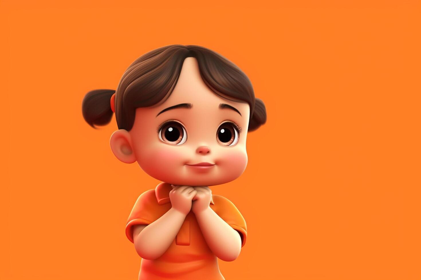 3d illustration de une mignonne peu fille avec plié bras sur Orange Contexte génératif ai photo