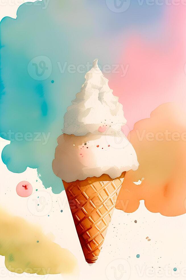 la glace crème cône, aquarelle dessin. ai généré photo