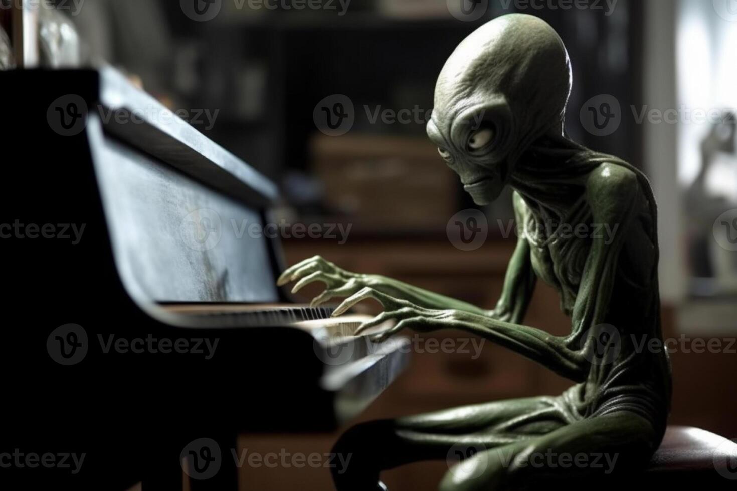 laid et effrayant à la recherche extra-terrestre extraterrestre en jouant une piano. ai généré photo