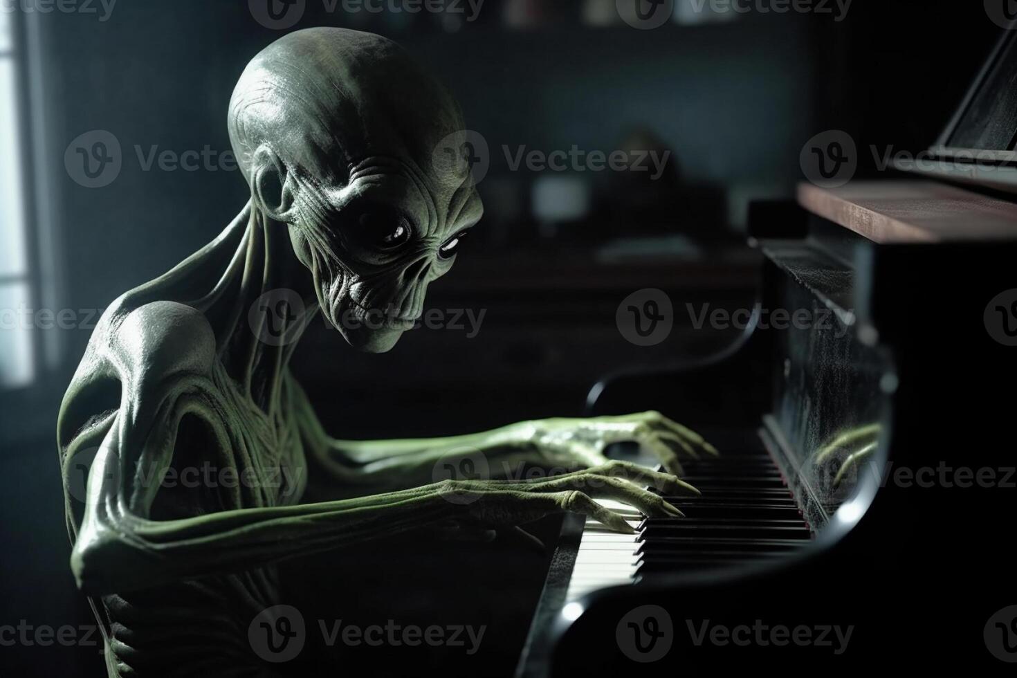 laid et effrayant à la recherche extra-terrestre extraterrestre en jouant une piano. ai généré photo