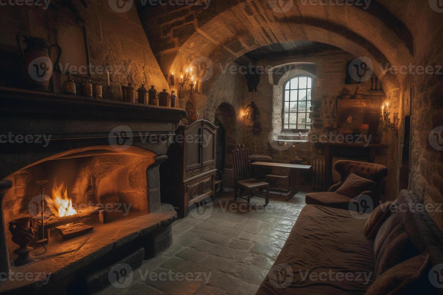 confortable cheminée dans une pièce dans une médiéval gothique château. ai généré photo