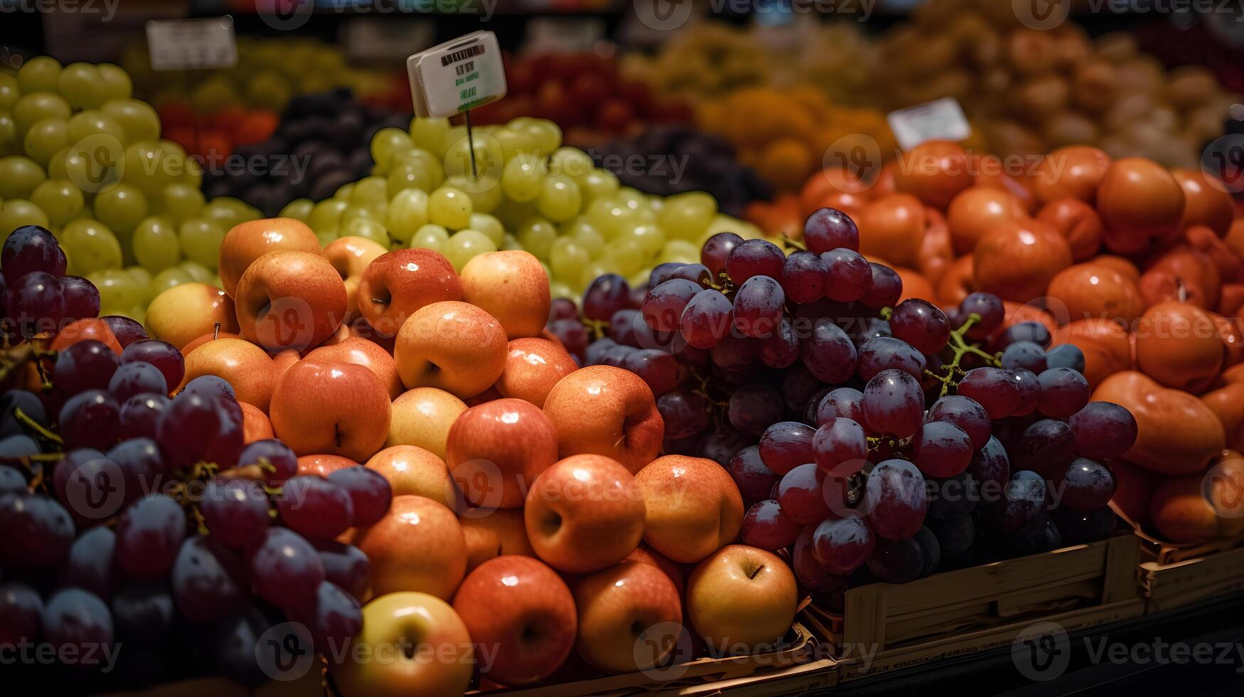 une collection de des fruits sur une supermarché étagère ,frais fruit des produits dans le centre commercial ,génératif ai photo