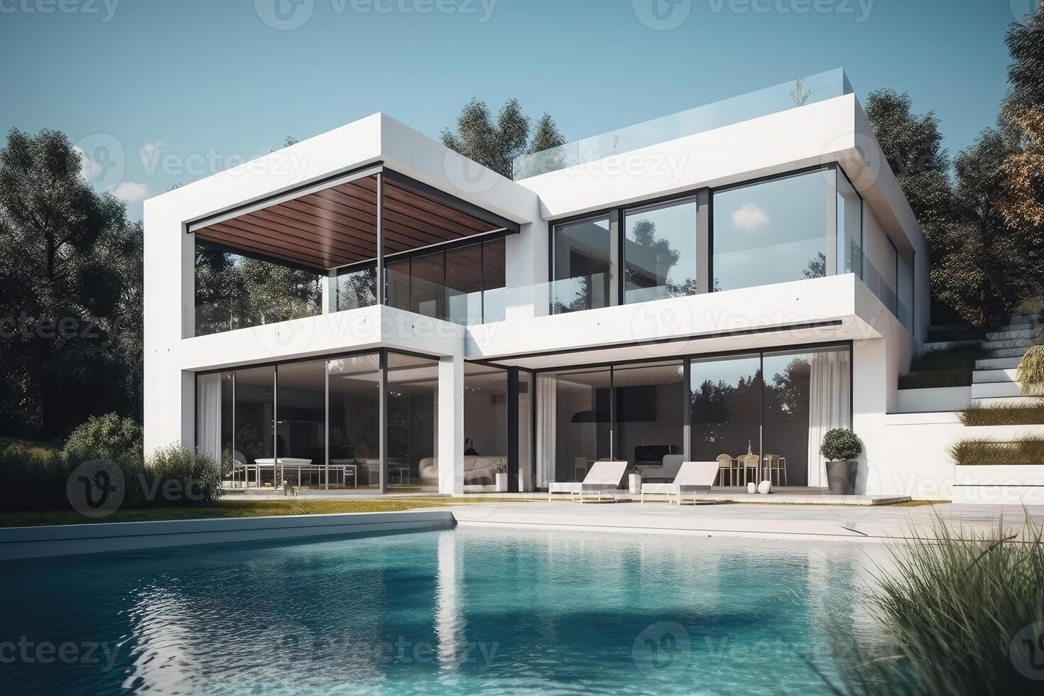 extérieur de une Nouveau moderne blanc maison avec panoramique les fenêtres et jardin avec nager bassin . ai généré photo