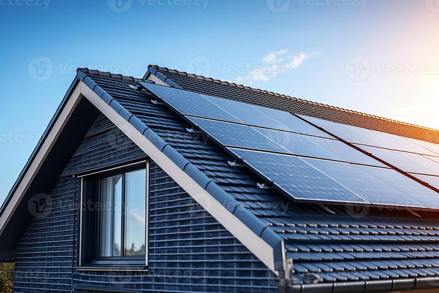 solaire panneau alimenté maison avec bleu ciel avec génératif ai photo