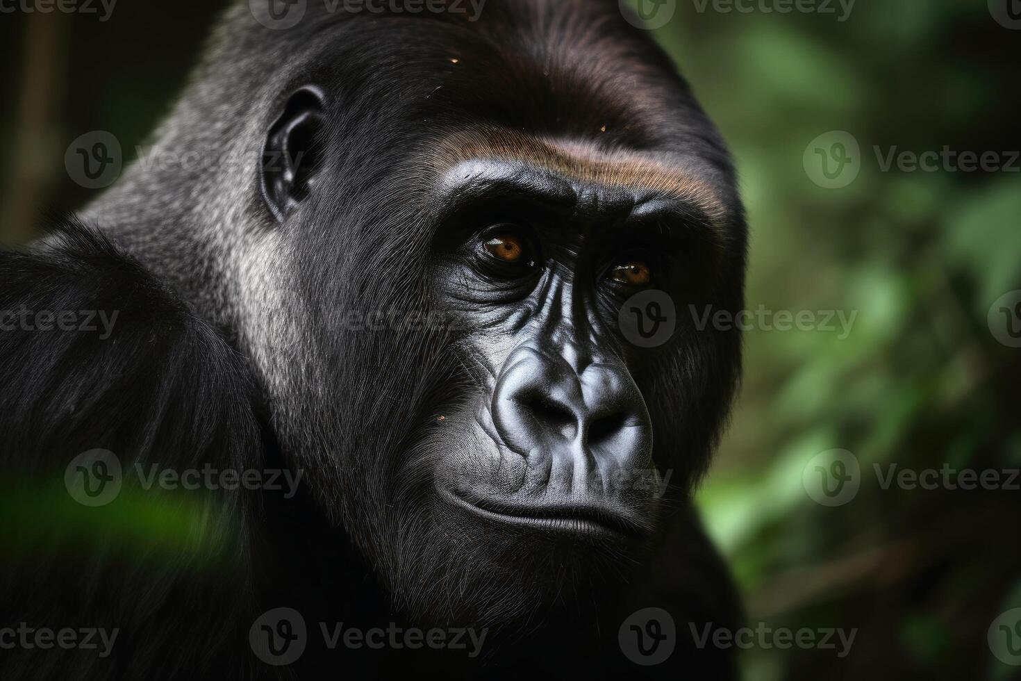 une portrait de une gros Masculin gorille dans le jungle établi avec génératif ai technologie. photo