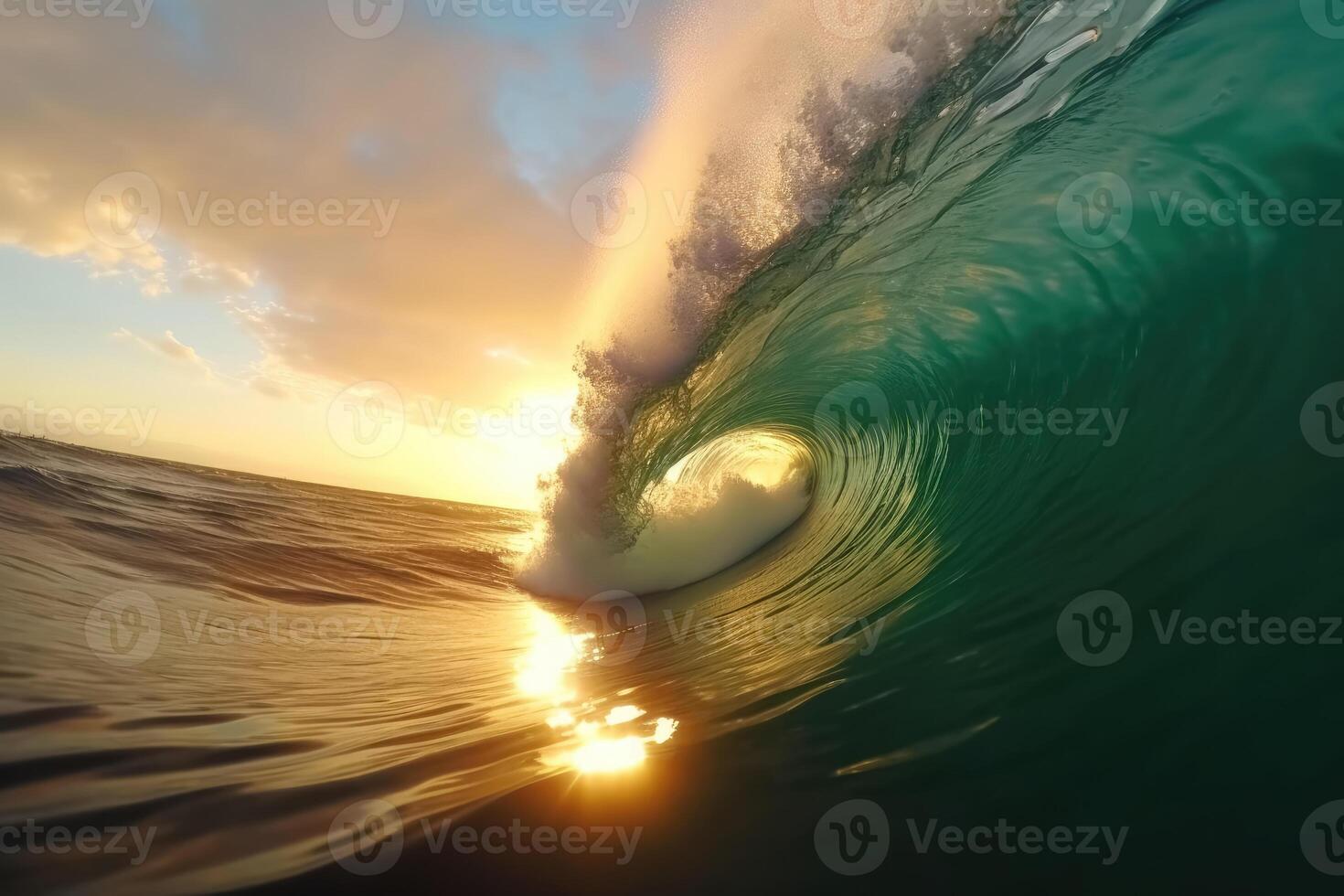 une gros vague à la recherche dans le vague tunnel pendant le coucher du soleil établi avec génératif ai technologie. photo