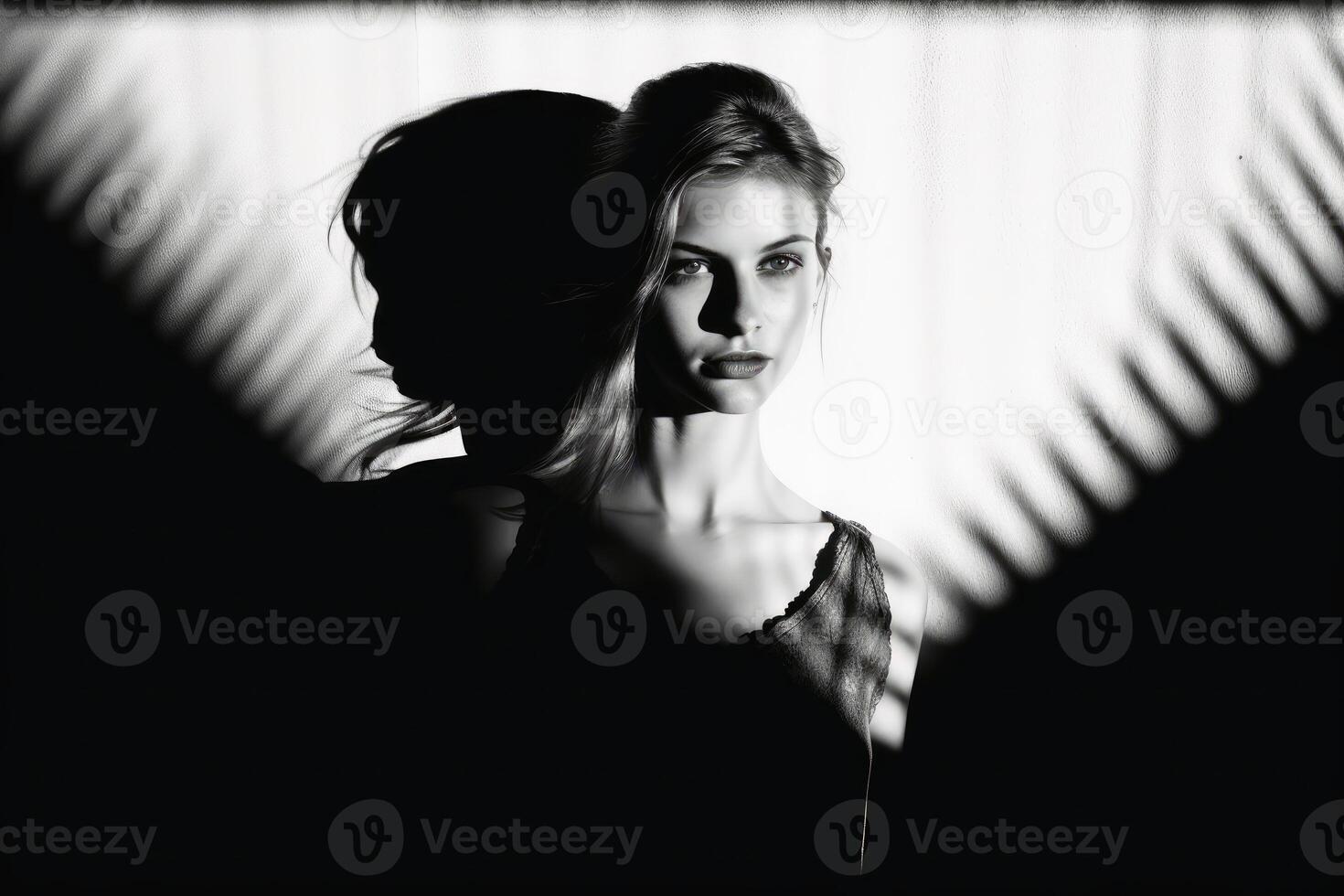 une femme dans lumière et ombre dans noir et blanc établi avec génératif ai technologie. photo