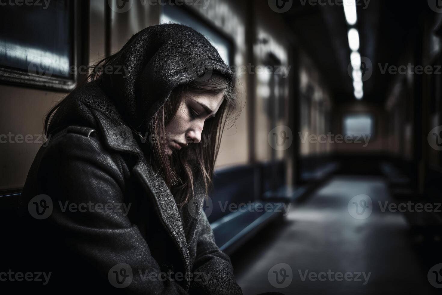 une solitaire et triste la personne séance sur une banc établi avec génératif ai technologie. photo