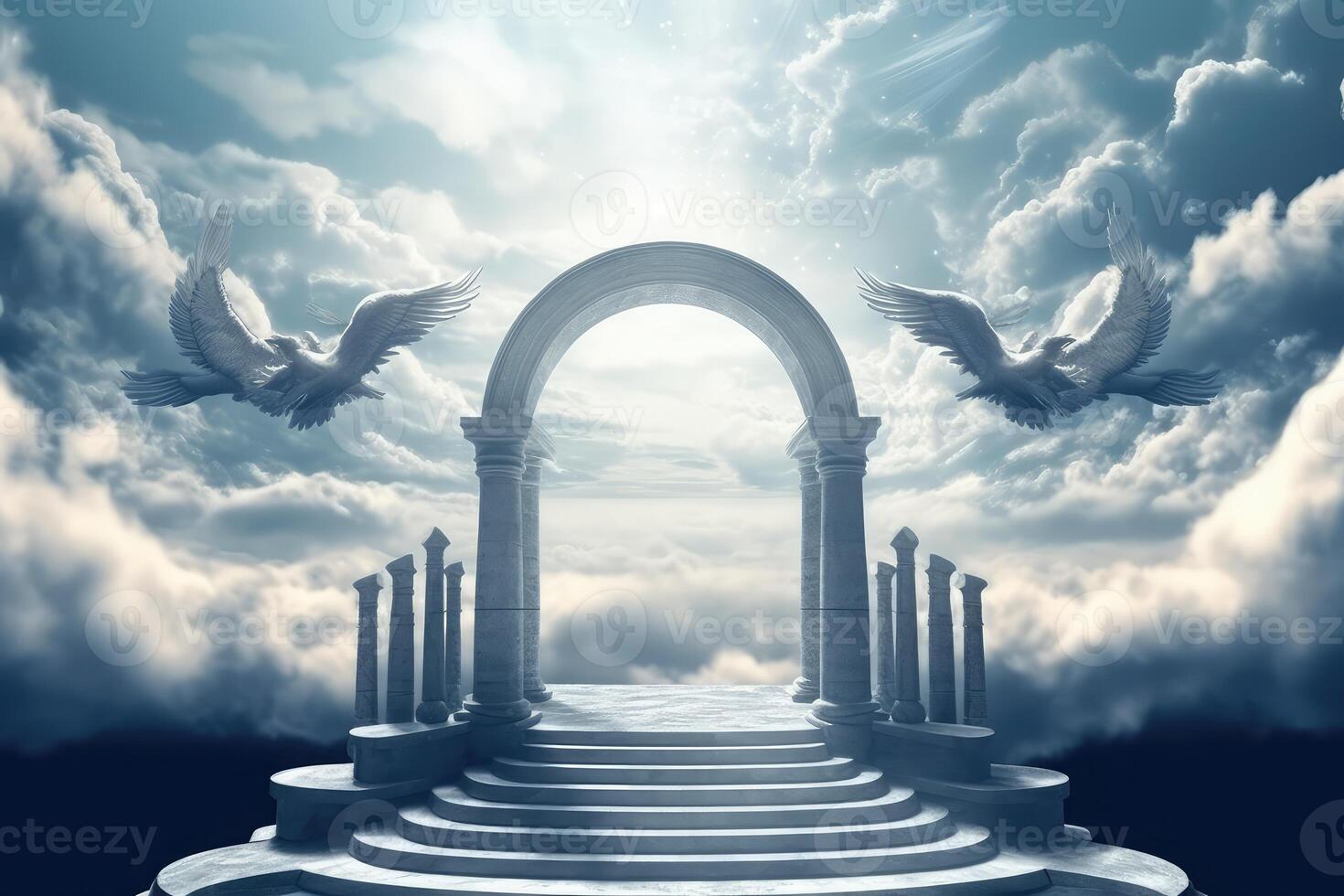 céleste escalier à paradis avec flottant des nuages angélique anges . ai généré photo