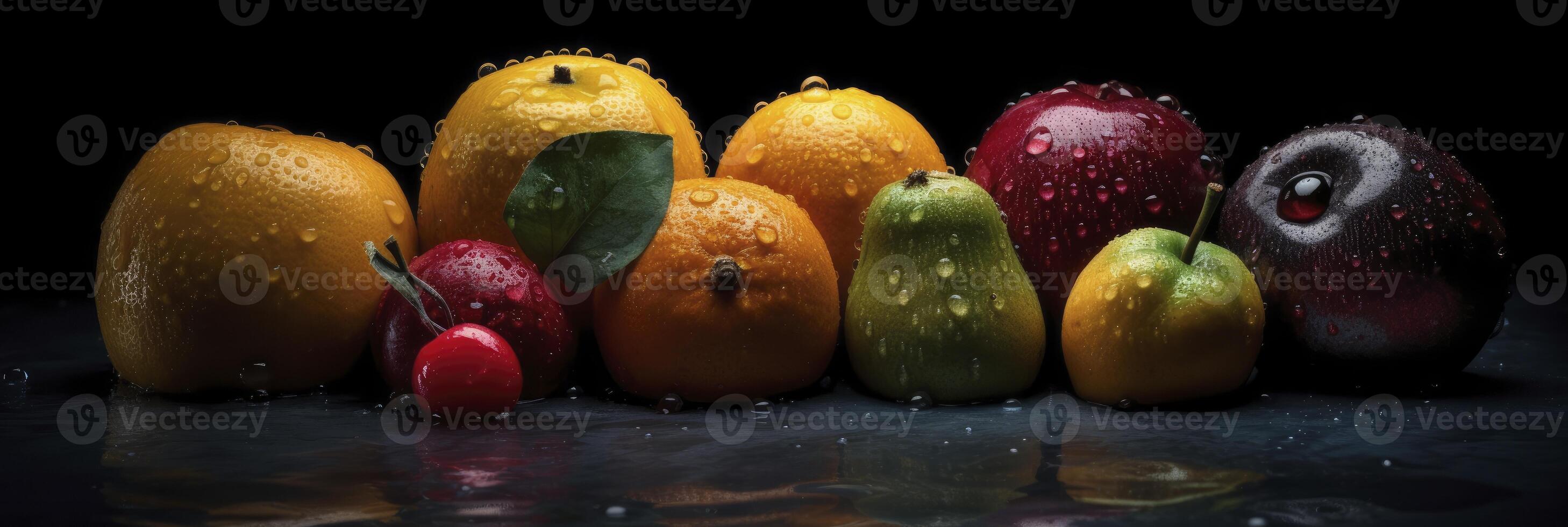 une groupe de des fruits et des légumes avec gouttes de l'eau. génératif ai photo