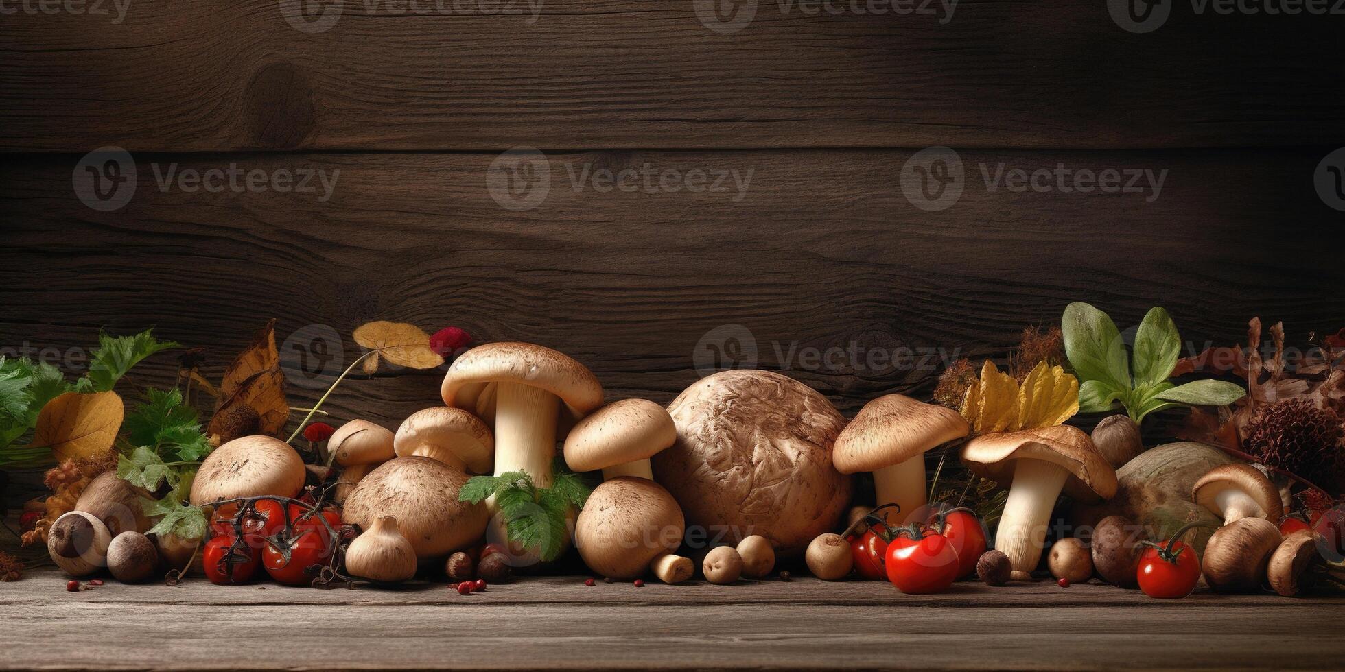champignon végétarien Cadre. Frais biologique des légumes et champignons sur foncé Contexte. parfait pour sain nourriture thèmes. génératif ai photo