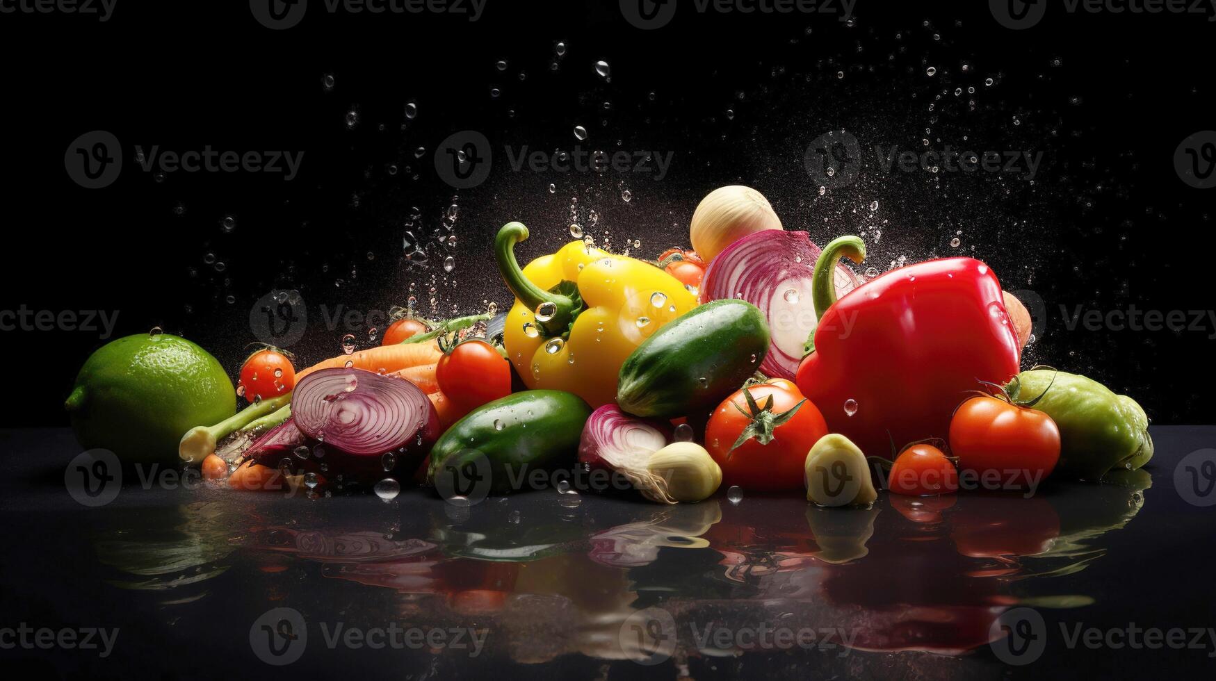 noir Contexte avec un assortiment de Frais légumes, des fruits, et l'eau éclaboussures. en bonne santé aliments. génératif ai. photo