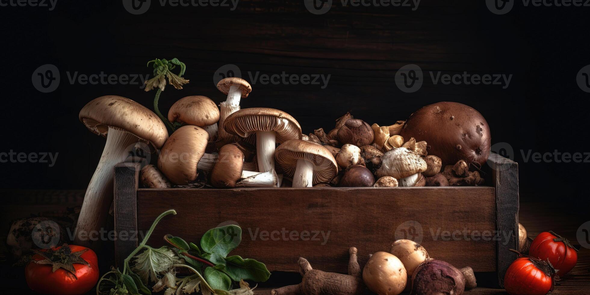 Frais biologique des légumes et champignons sur foncé Contexte. parfait pour sain nourriture thèmes. génératif ai photo