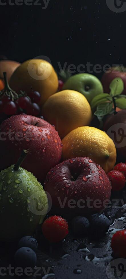 une groupe de des fruits et des légumes avec gouttes de l'eau. génératif ai photo