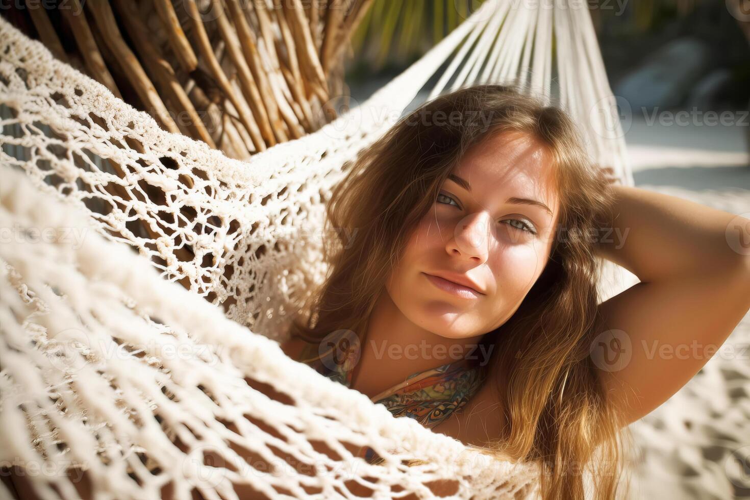 insouciant Jeune femme portrait relaxant dans hamac. génératif ai illustration photo