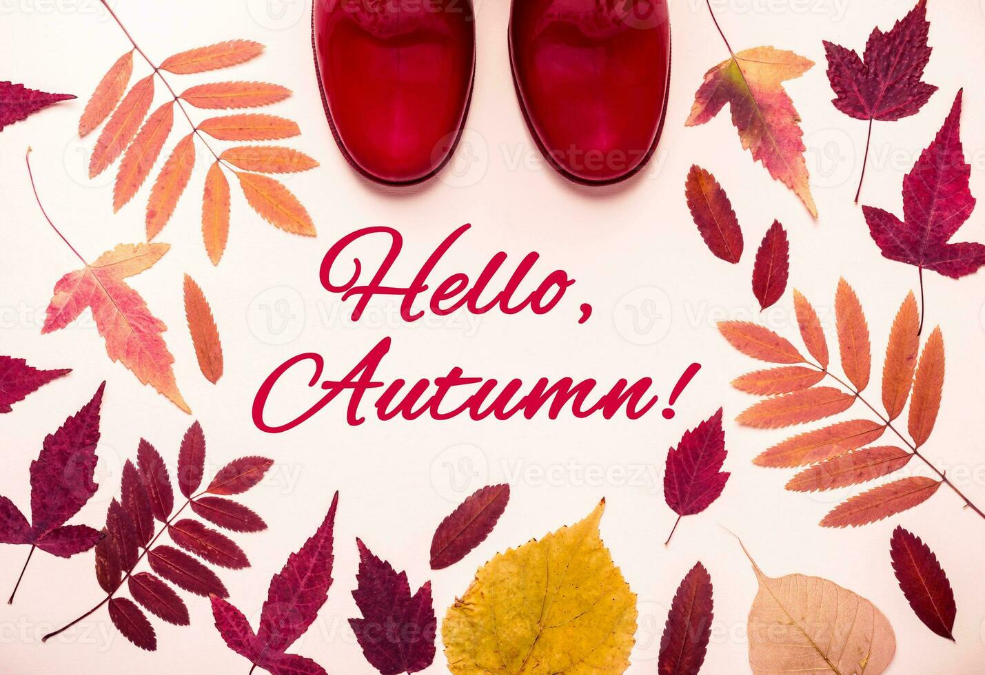 multicolore l'automne feuilles Cadre et rouge caoutchouc bottes. Bonjour, l'automne mots photo