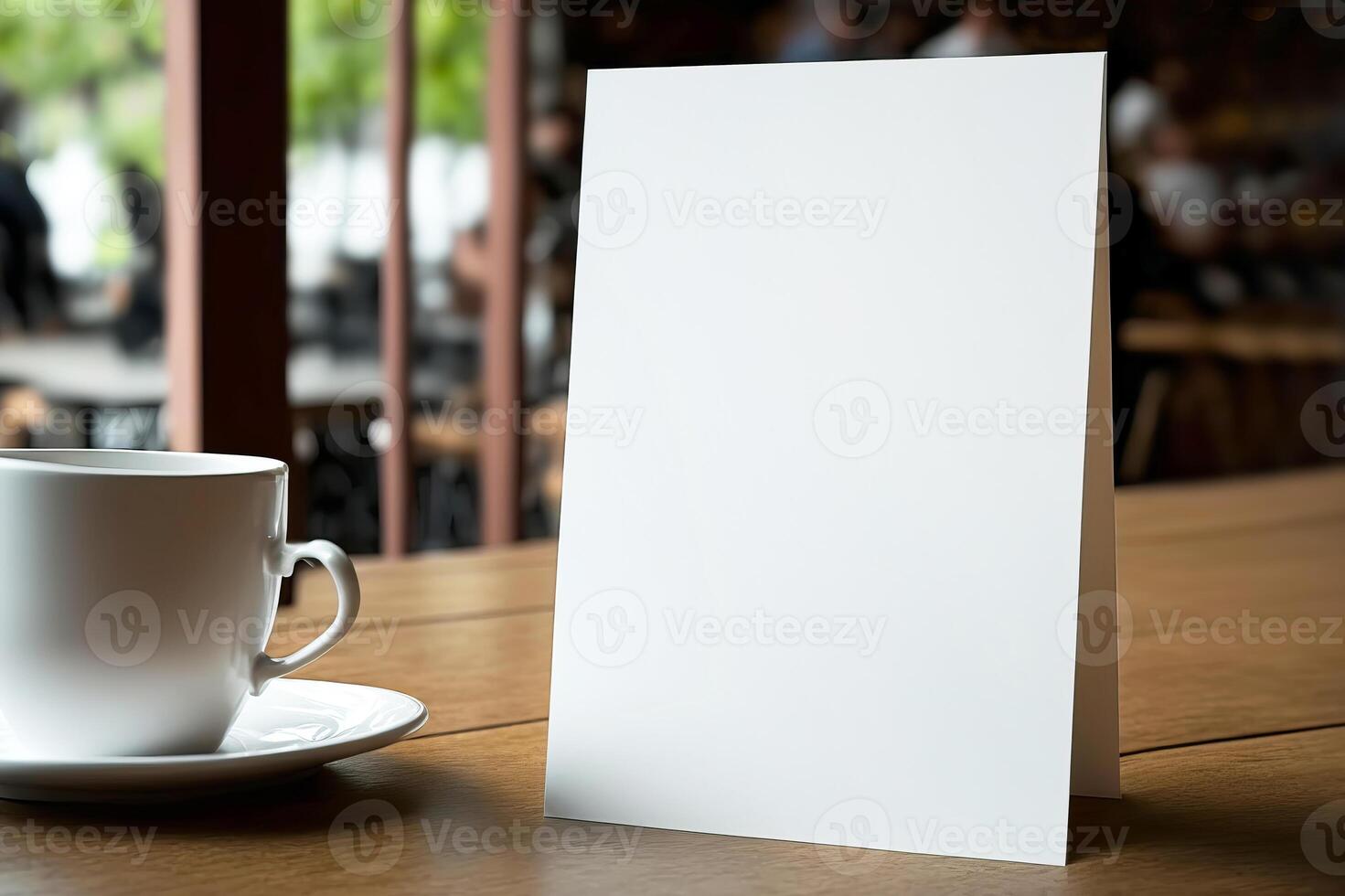 maquette Vide menu Cadre dans restaurant sur une table contre une flou Contexte. génératif ai illustration photo