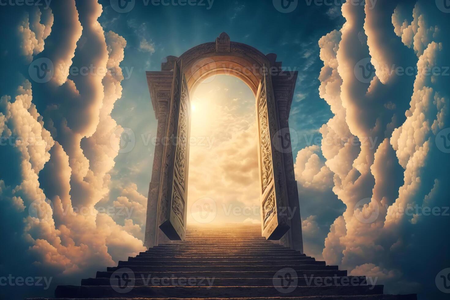 cieux porte à paradis fin de vie. escalier à paradis. religieux Contexte. portail parmi le des nuages. génératif ai illustration photo