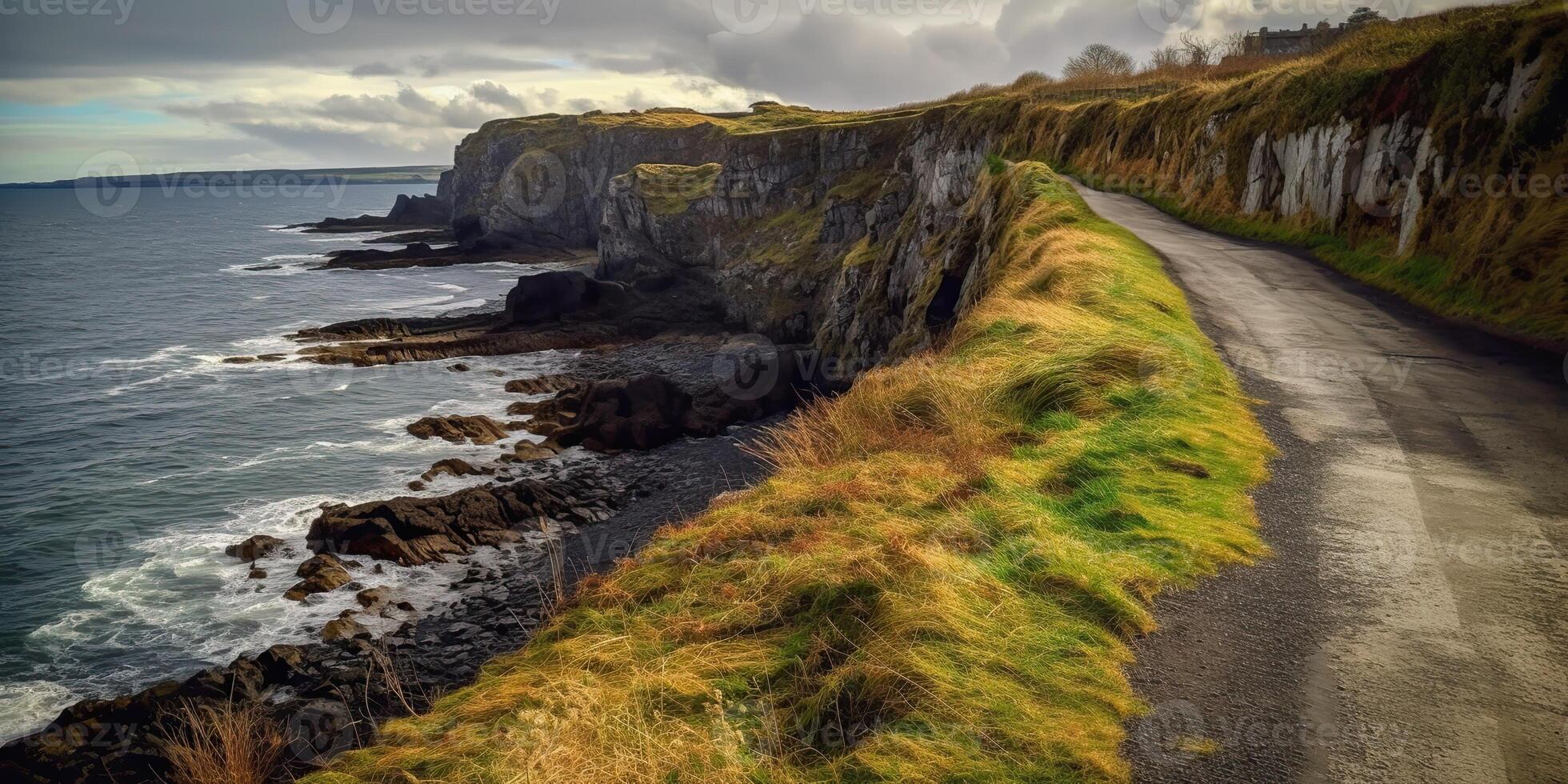 ai généré. ai génératif. photo réaliste la photographie illustration de littoral irlandais route Voyage. montagnes explorer aventure voyage ambiance. graphique art