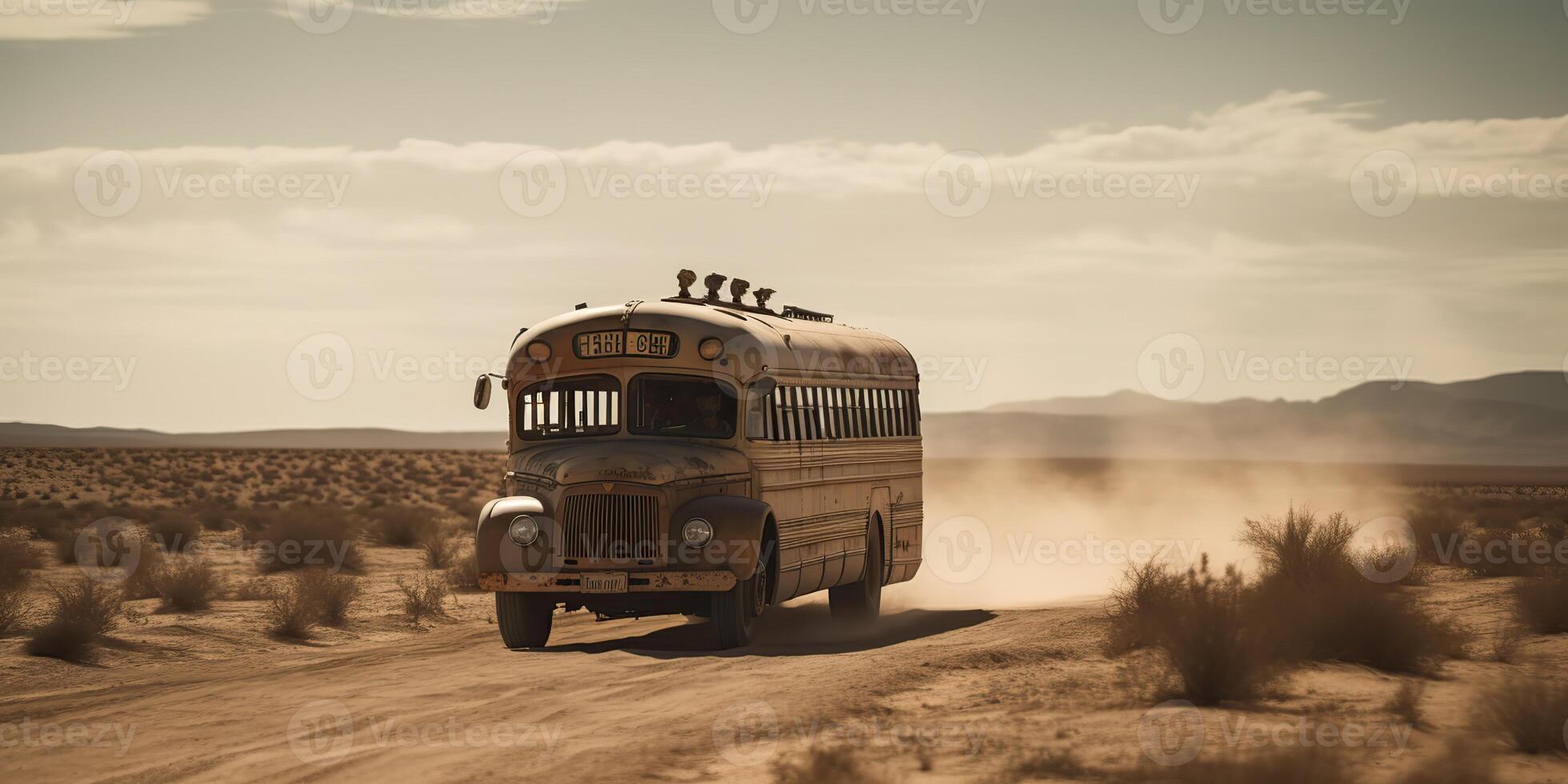 ai généré. ai génératif. photo réaliste illustration de autobus équitation dans le desrt sur le route. furieux max film inspiré. graphique art