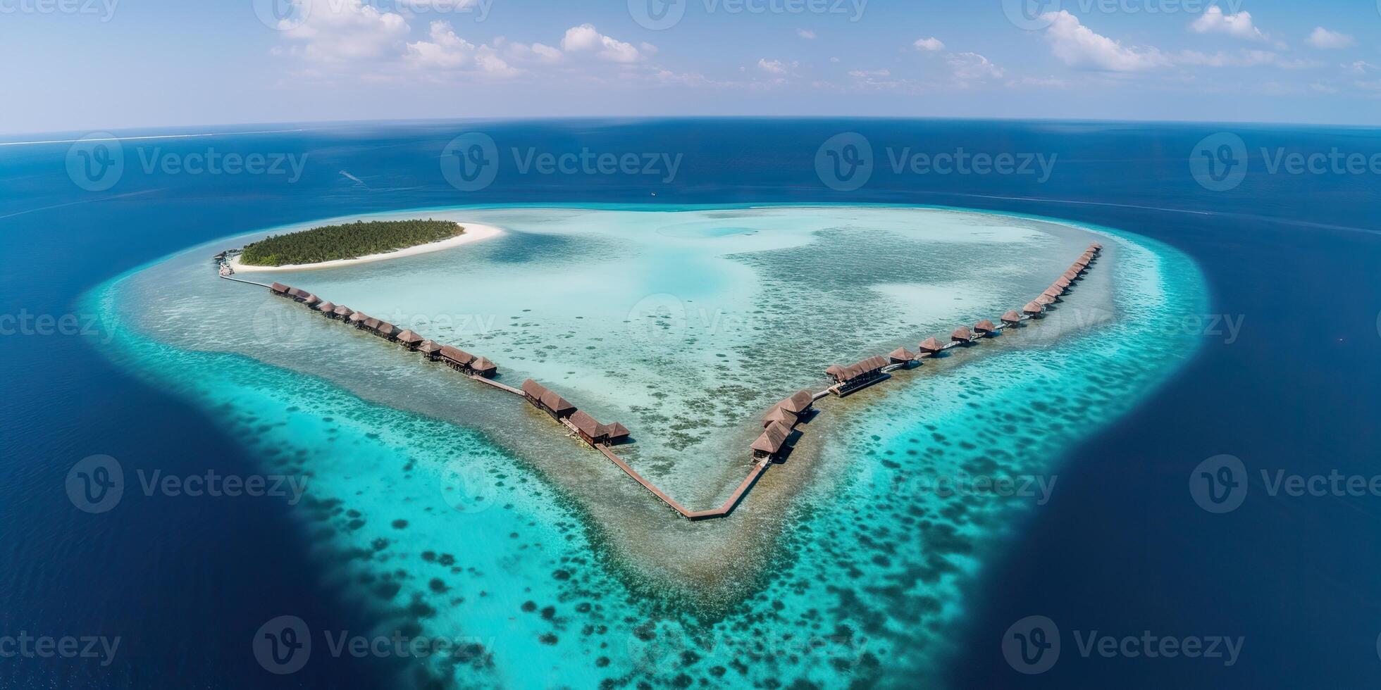 ai généré. ai génératif. aérien drone photo réaliste illustration de île Maldives dans cœur forme. paradis aventure vacances tropical ambiance. graphique art