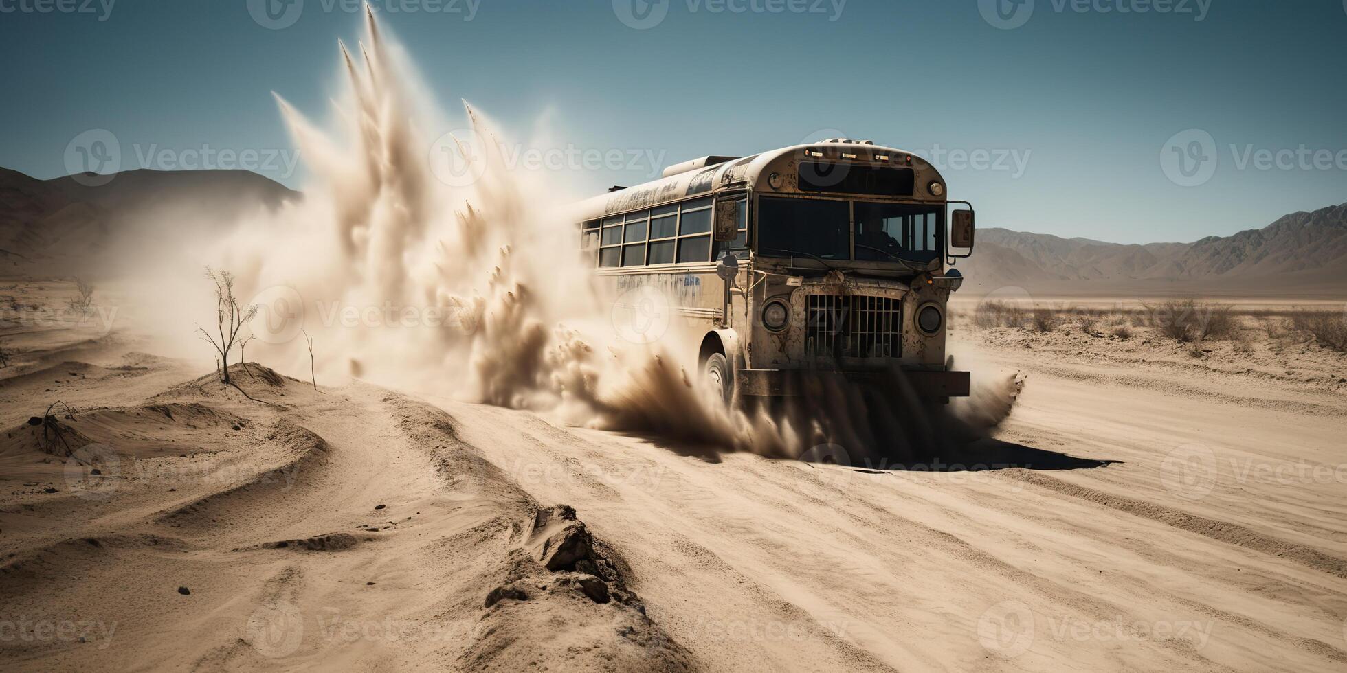 ai généré. ai génératif. photo réaliste illustration de autobus équitation dans le desrt sur le route. furieux max film inspiré. graphique art