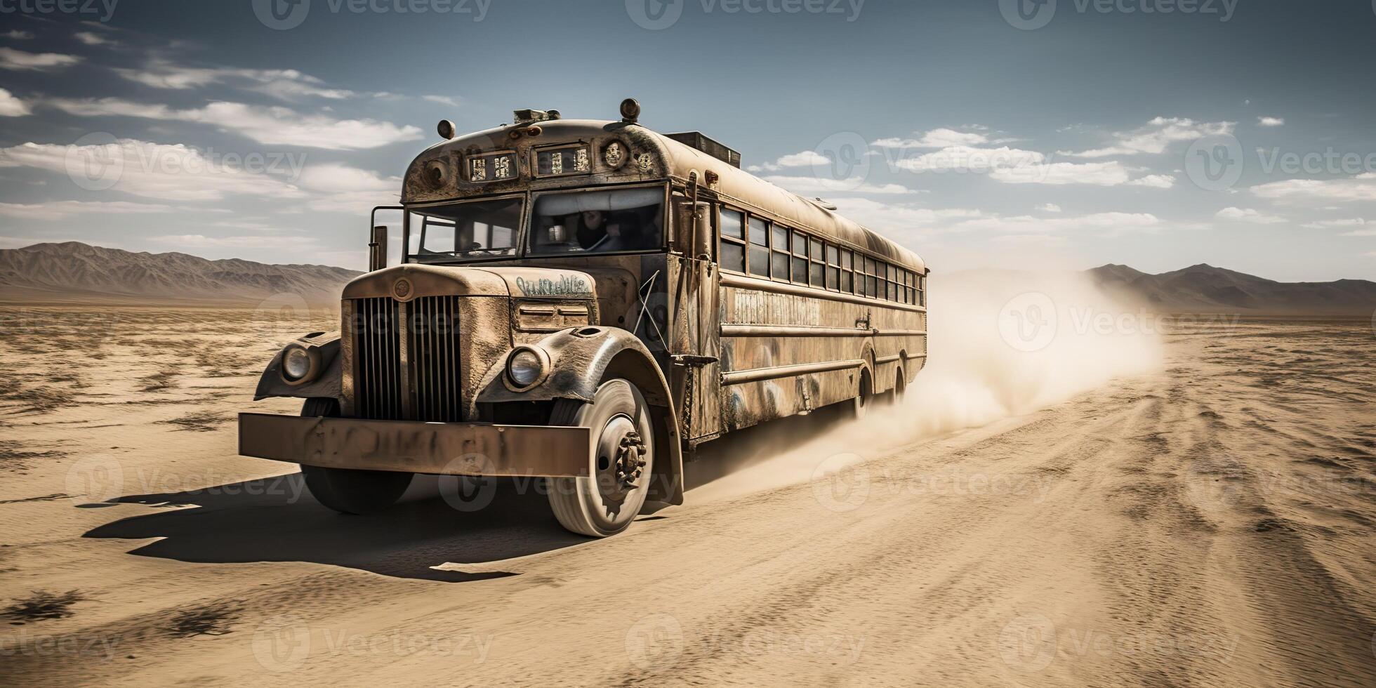 ai généré. ai génératif. photo réaliste illustration de autobus équitation dans le desrt sur le route. furieux max film inspiré. graphique art