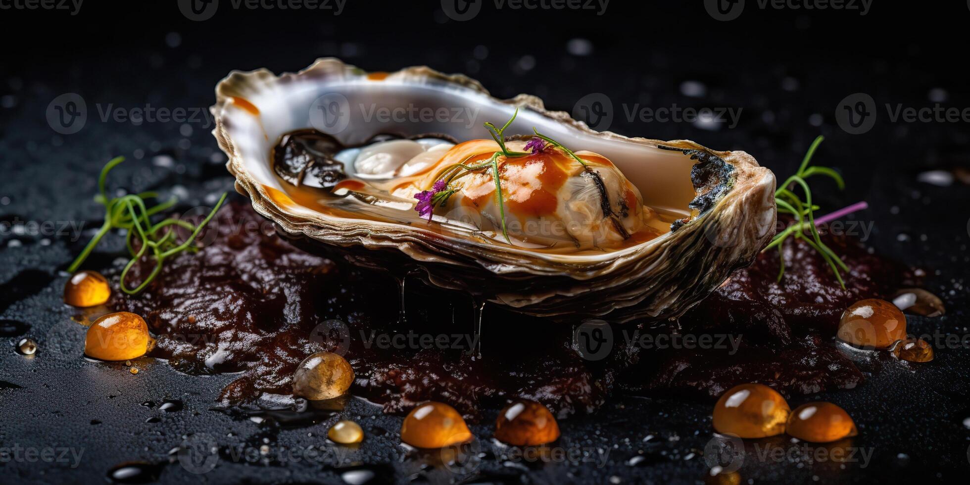 ai généré. ai génératif. macro photoréaliste coup de mer océan huître ouvert coquille délicieux nourriture pour du vin. romantique luxe ambiance. graphique art photo