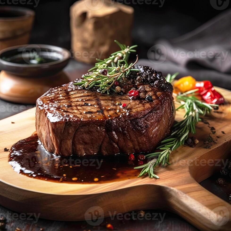 juteux du boeuf nervure œil steak tranches sur en bois planche avec herbes, épices, et sel. génératif ai photo