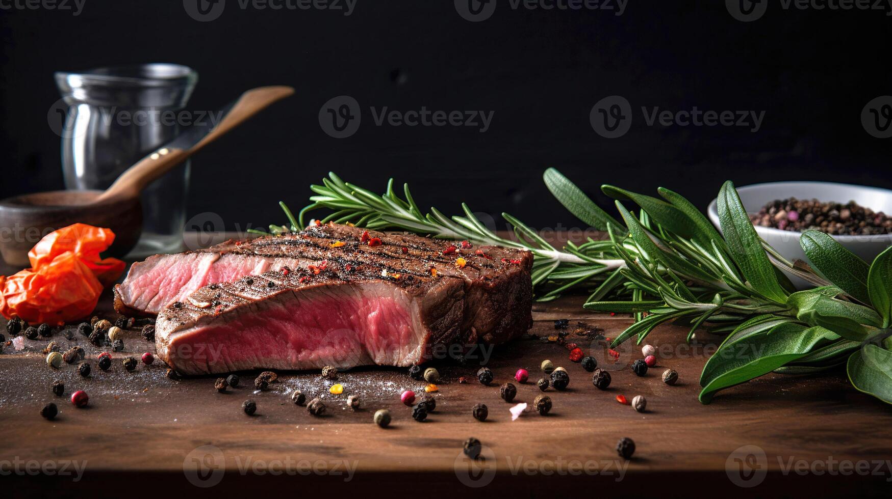 juteux du boeuf nervure œil steak tranches sur en bois planche avec herbes, épices, et sel. génératif ai photo