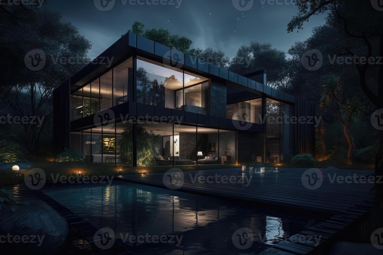 extérieur, foncé luxe maison avec nager bassin dans forêt, nuit, concept moderne. . ai généré photo
