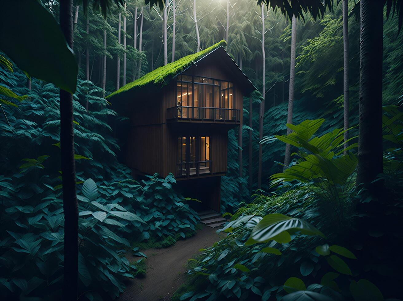 une maison dans une foncé forêt avec le lumières sur ai généré photo