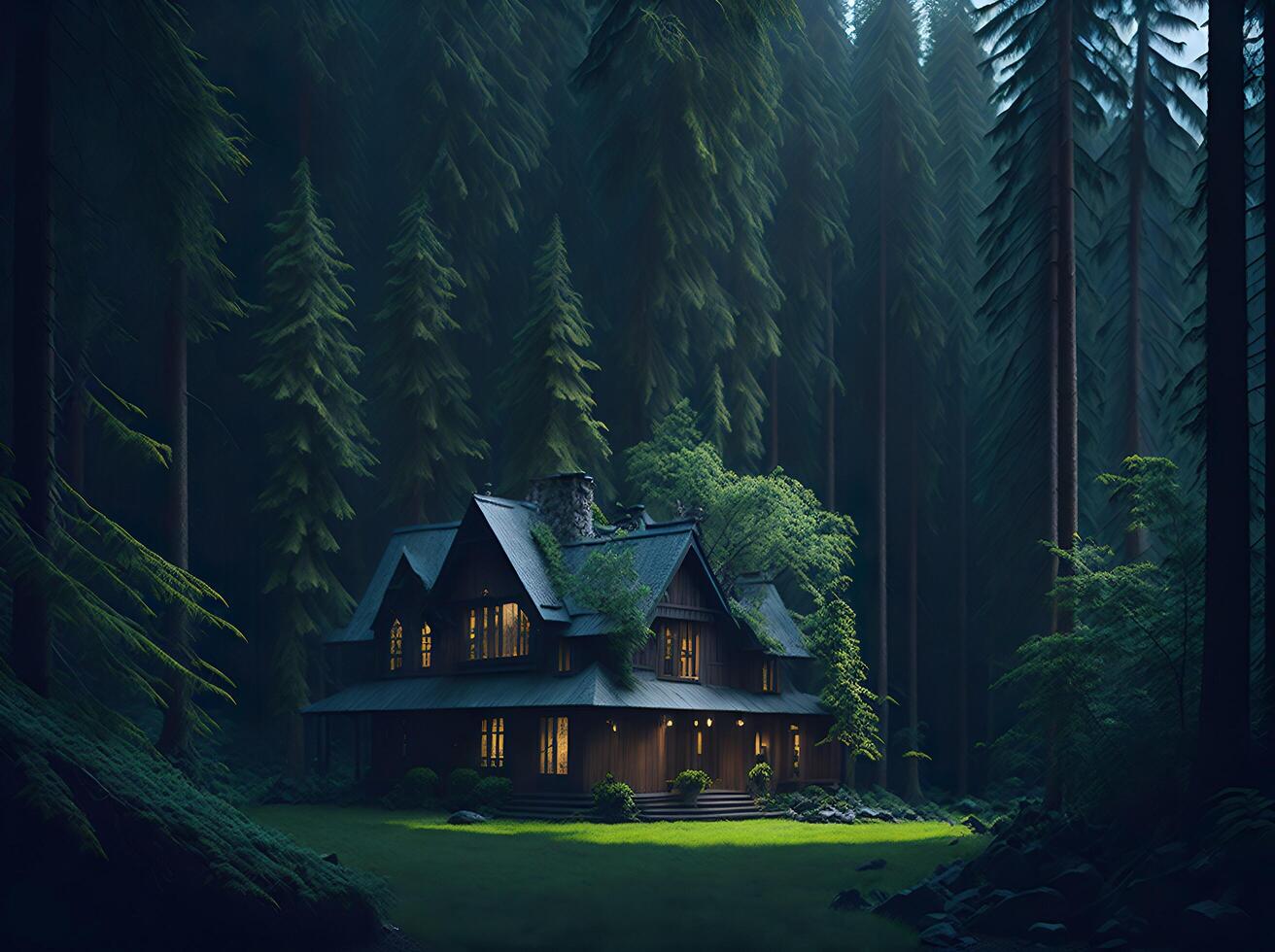 une maison dans une foncé forêt avec le lumières sur ai généré photo