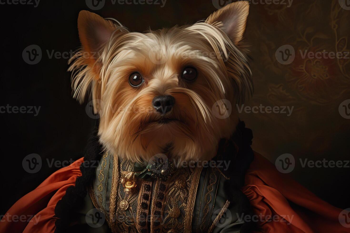 ai généré. ai génératif. La peinture de une Yorkshire terrier dans Renaissance Vêtements réaliste illustration. ancien rétro élite ambiance. graphique art photo