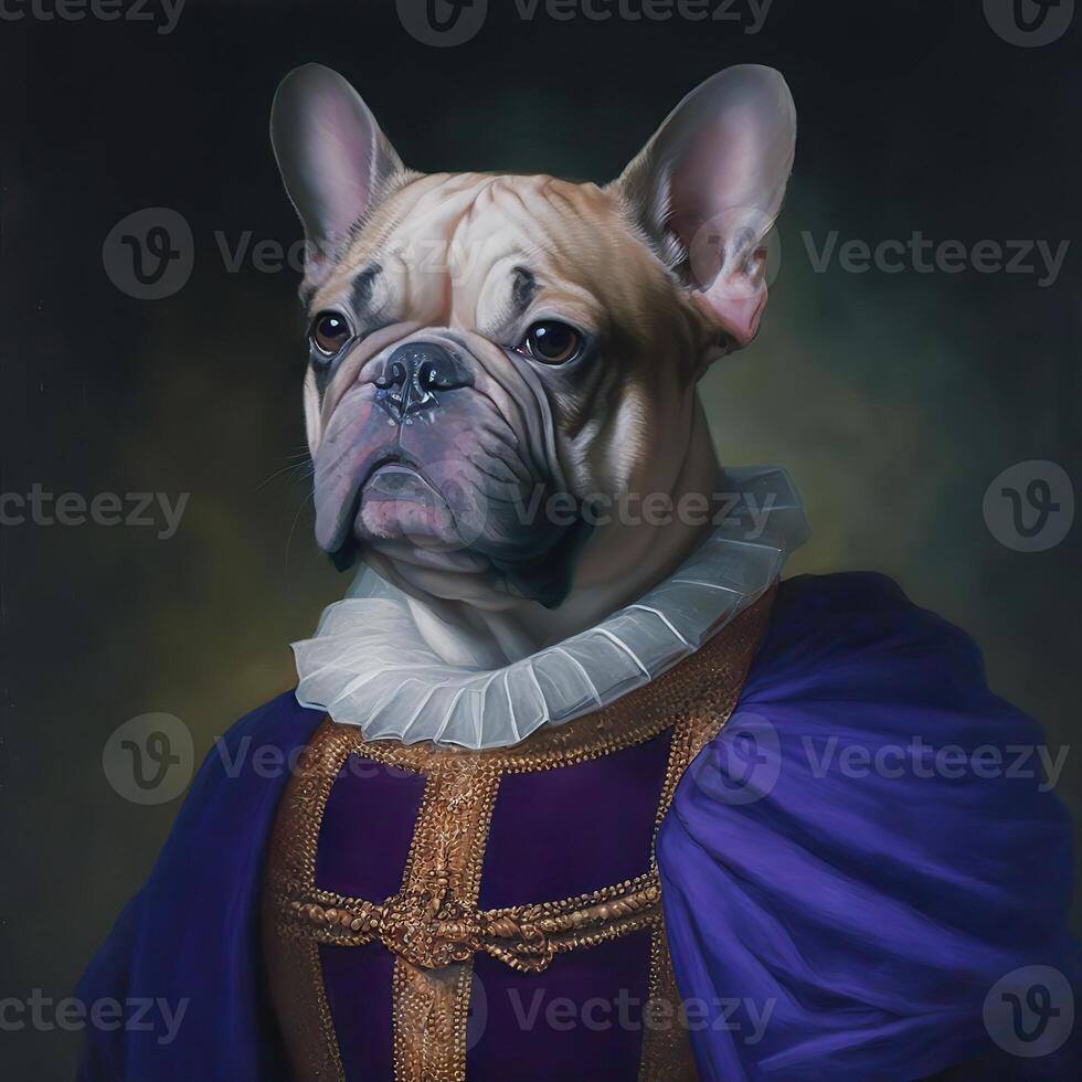 ai généré. ai génératif. photo réaliste illustration de mignonne français bouledogue frenchie chien dans histoire Renaissance tissu costume. graphique art