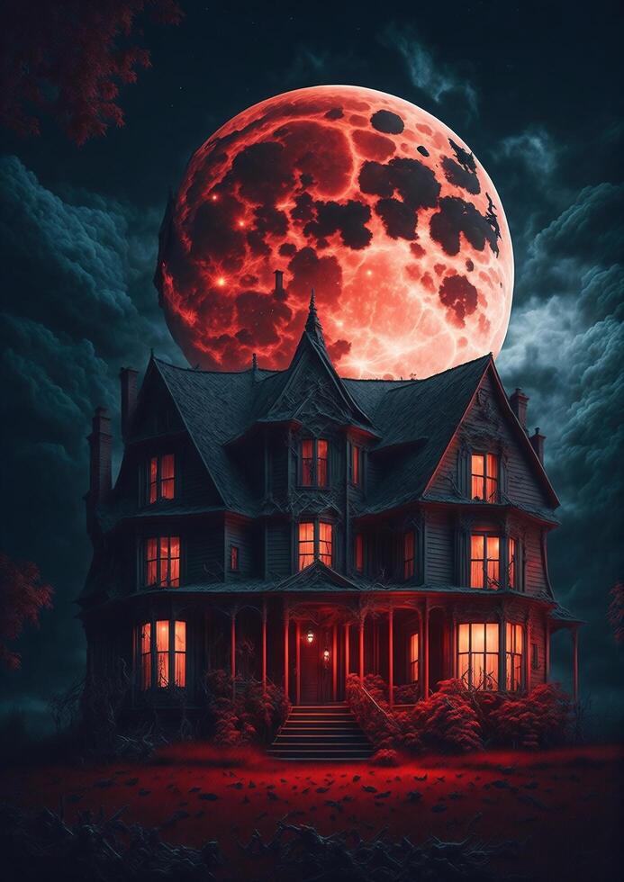 effrayant horreur maison avec rouge lune derrière il, ai généré photo