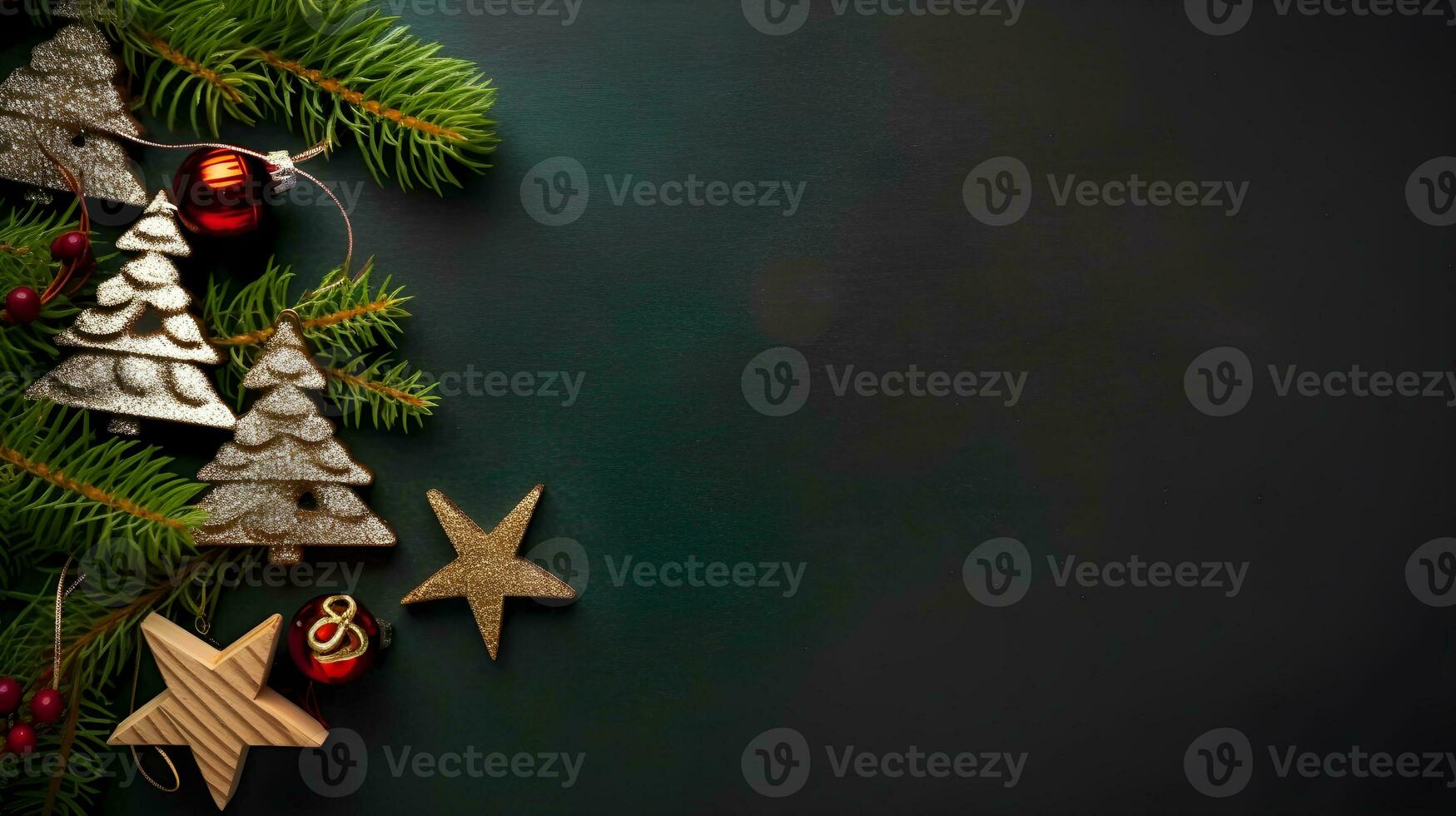 élégant magnifique Noël ornement décoration arbre, pin feuille, verre Balle ornement, et étoile, plat allonger utilisé pour bannière et Contexte ou toile de fond pour saisonnier salutations. photo
