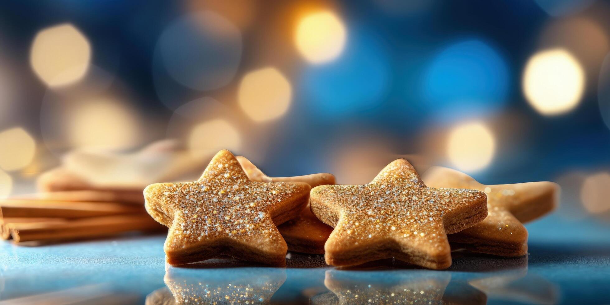 Noël arbre biscuit coupeur sur d'or brillant briller, illustration ai génératif photo