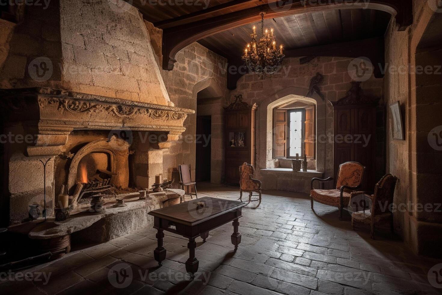 confortable cheminée dans une pièce dans une médiéval gothique château. ai généré photo