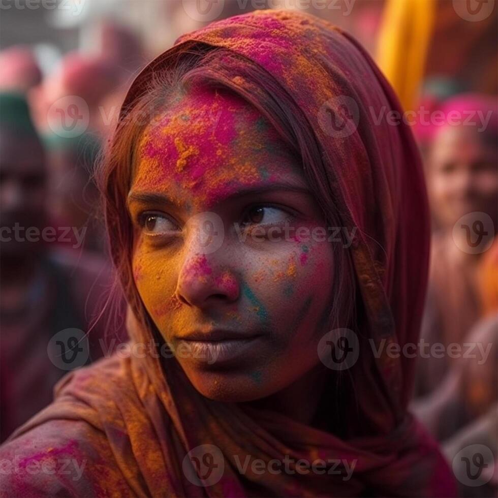 une fille avec coloré poudre sur sa visage génératif ai généré photo