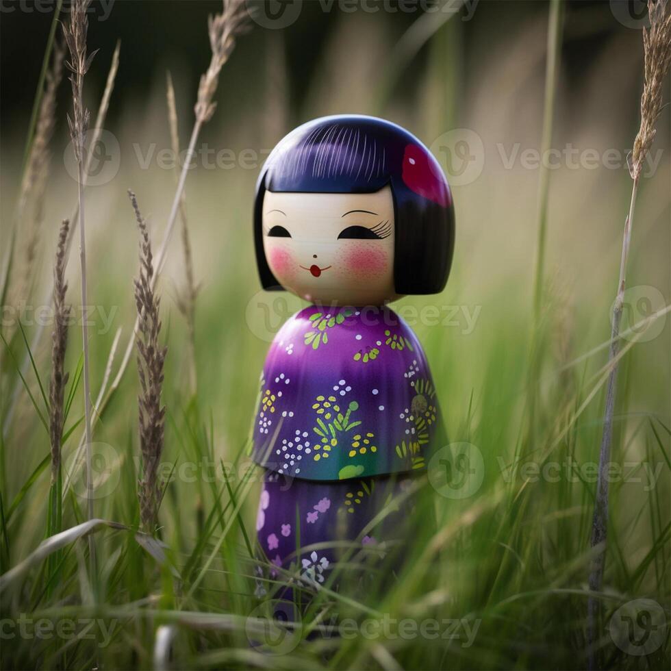 une poupée dans une champ de grand herbe avec une violet robe génératif ai généré photo