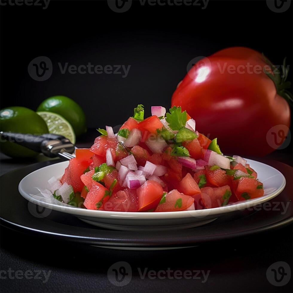 une assiette de nourriture avec tomate et oignon génératif ai généré photo