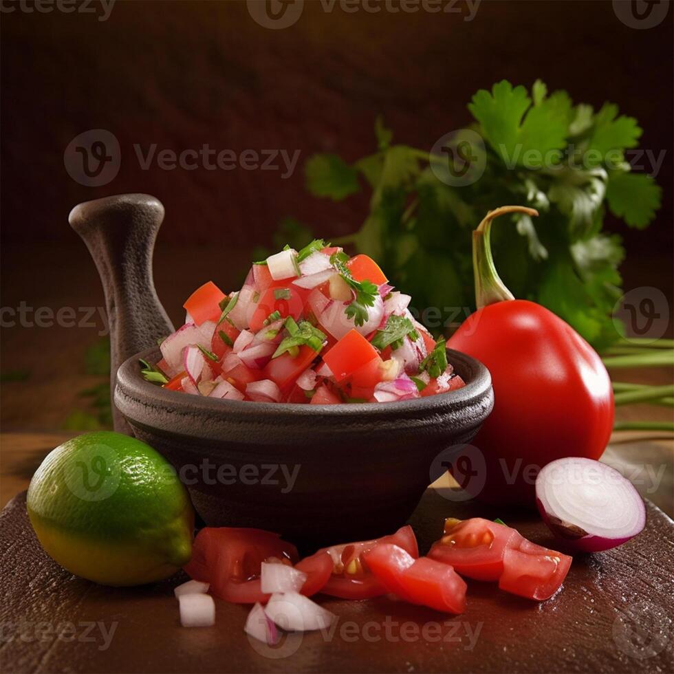 une assiette de nourriture avec tomate et oignon génératif ai généré photo