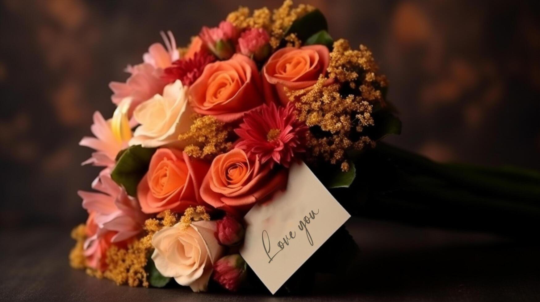 bouquet de fleurs avec une l'amour vous carte, ai génératif photo