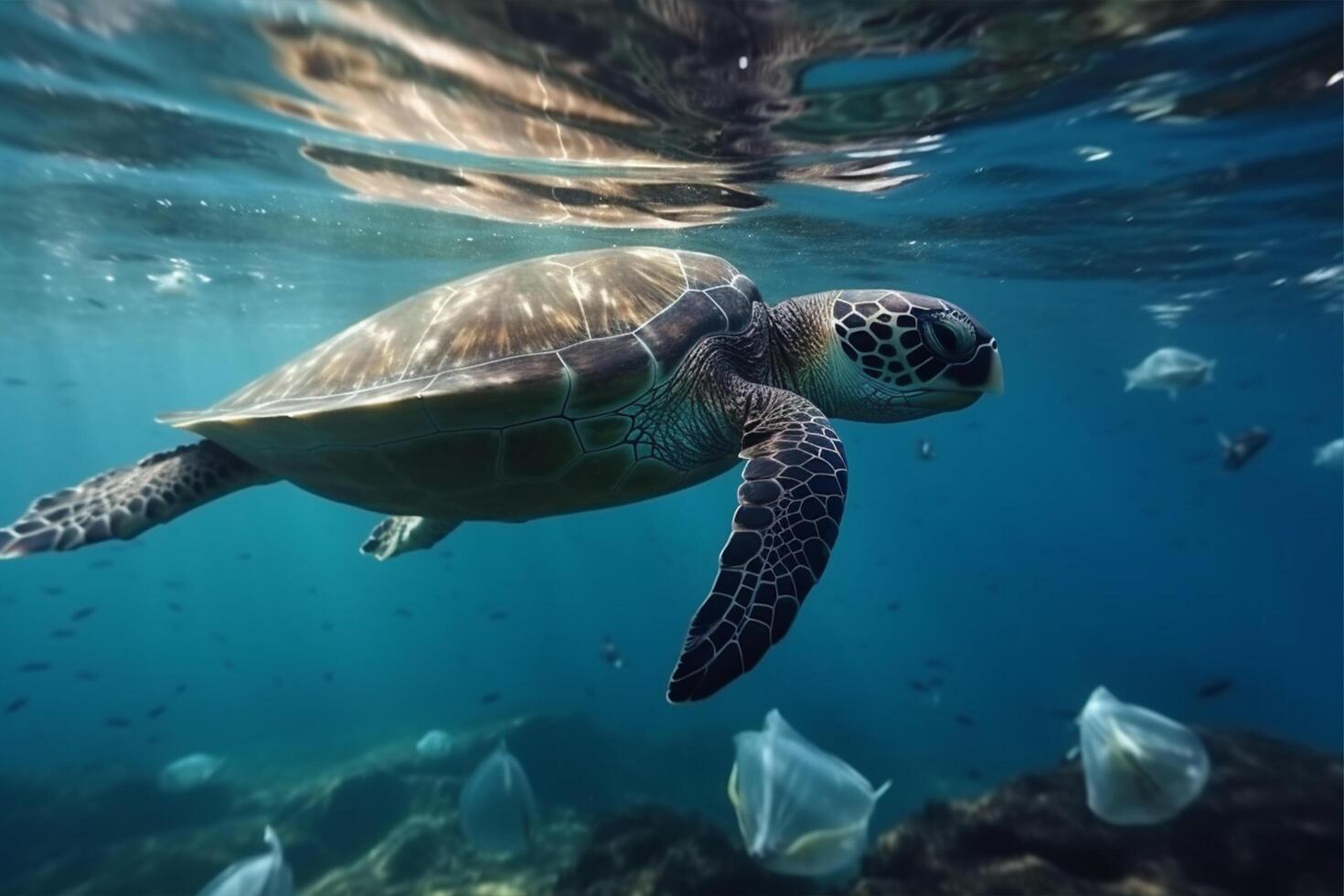 Plastique la pollution dans océan - tortue manger Plastique sac , ai génératif photo