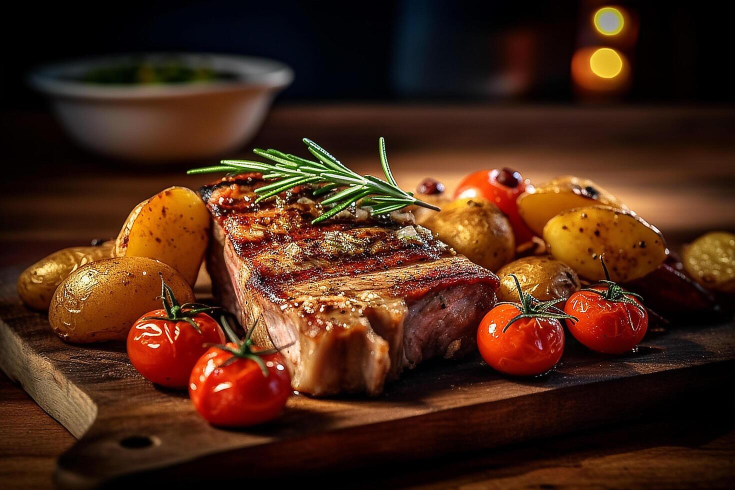 Frais délicieux juteux steak sur le des os avec légumes, ai génératif photo